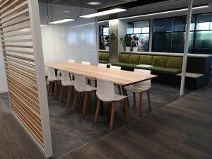 DWER Joondalup, Western Australia. In collaboration with MKDC. Solid Tasmanian Oak and Ebonised Jarrah, Informal office meeting table. 3400 x 900 x 740mm