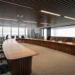 Custom Boardroom Table L9200 x W5000 in Australian Blackwood with integrated power and data. Compliant with strict human factors guidelines. Location- One The Esplanade, Elizabeth Quay, Perth Western Australia Photo- Dion Robeson