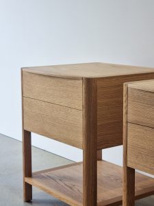 Custom 2 drawer bedside table with shelf in American Oak.