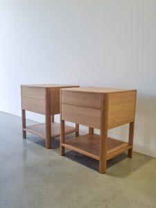 Custom 2 drawer bedside table with shelf in American Oak.