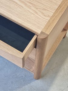 Custom 2 drawer bedside table with shelf in American Oak.