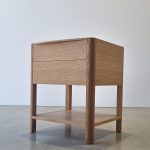 Custom 2 drawer bedside table with shelf in American Oak.